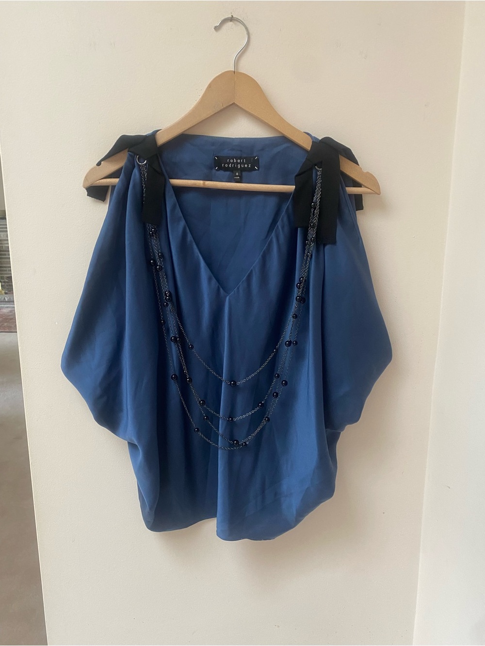 Robert Rodriguez Indigo V-Neck Sleeveless Blouse with Black Tie Straps